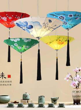 新中式雨伞小吊灯创意手绘布艺伞灯复古典火锅店餐厅饭店古典灯笼