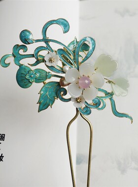 【忆阁红妆】仿古饰滴油烧蓝琉璃花瓣新娘头饰配汉服旗袍铜发钗