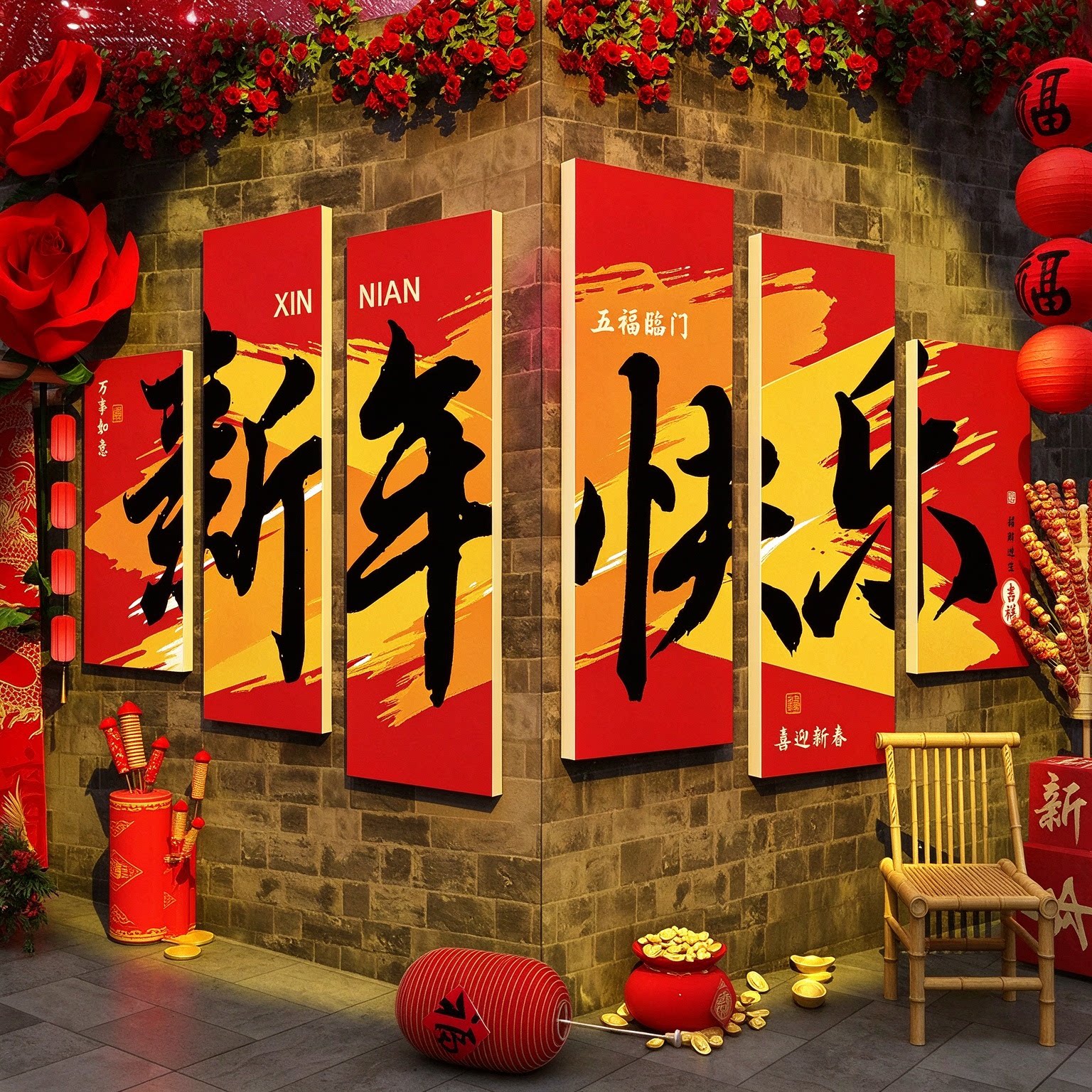 羊年新春新年快乐2027喜庆墙贴电视墙背景装饰氛围感店铺文化墙纸