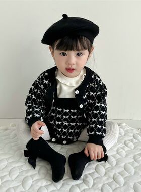 秋冬装网红婴幼儿童套装女宝宝婴儿黑色针织外套开衫抱婴袋哈衣爬