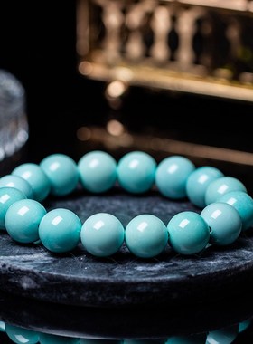 源石珠宝 天然无优化原矿 绿松石手链 佛珠 高瓷蓝 民族风文玩