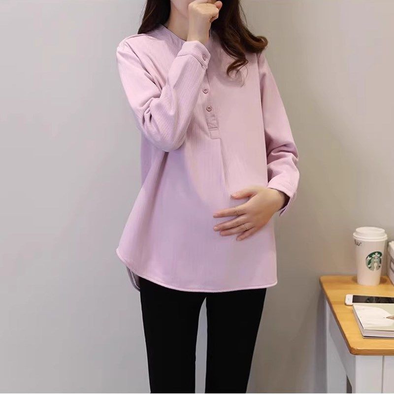 冬装立领长袖孕妇衬衣加绒加厚打底衫保暖上衣潮妈孕妇装纯棉衬衫