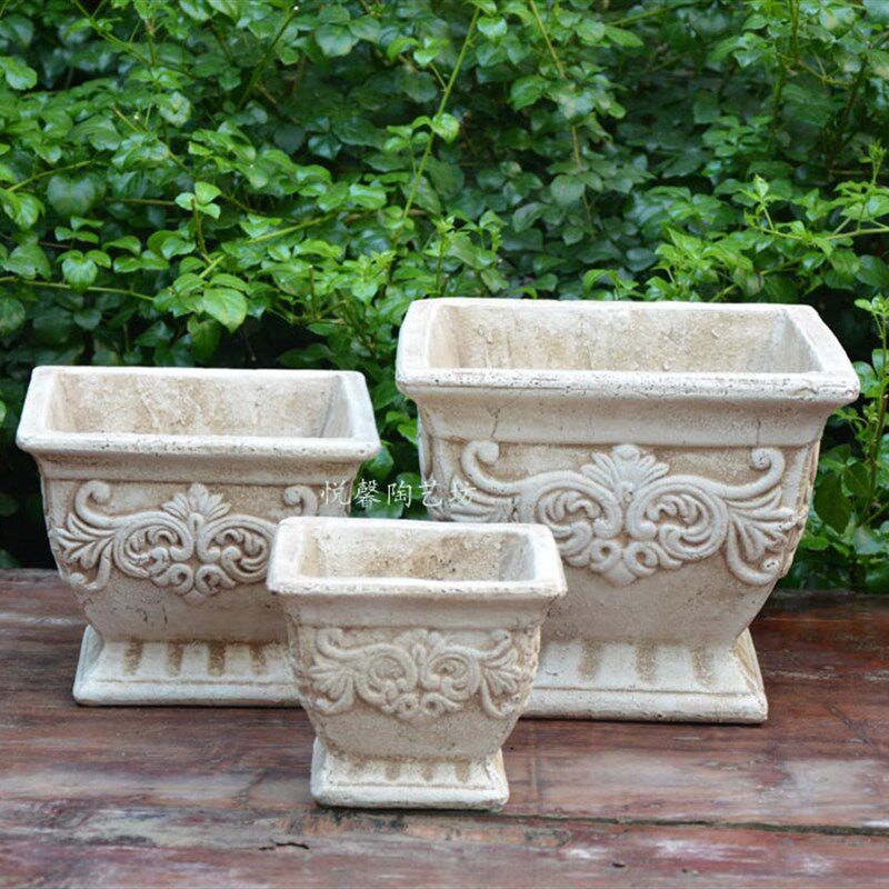 欧式风格陶艺花器 粗陶做方花盆 高脚杯旧款花盆 庭 院花园陶盆