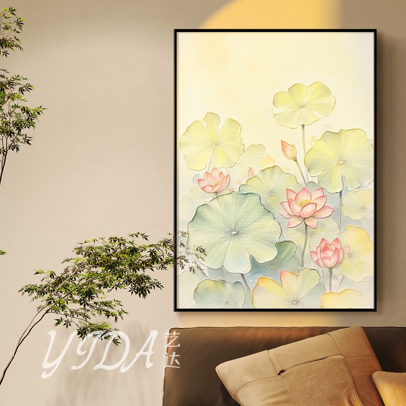 宋代美学莲莲高升手绘油画莲花客厅肌理画荷花装饰画中式玄关挂画图片