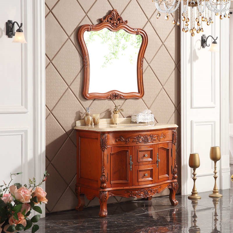 奥卫冠欧式橡木浴室柜组合落地式洗手洗脸盆柜镜柜卫生间洗漱台