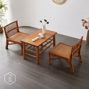 真藤编椅子休闲矮阳台室内客厅复古侘寂风三件套喝茶桌椅组合原木