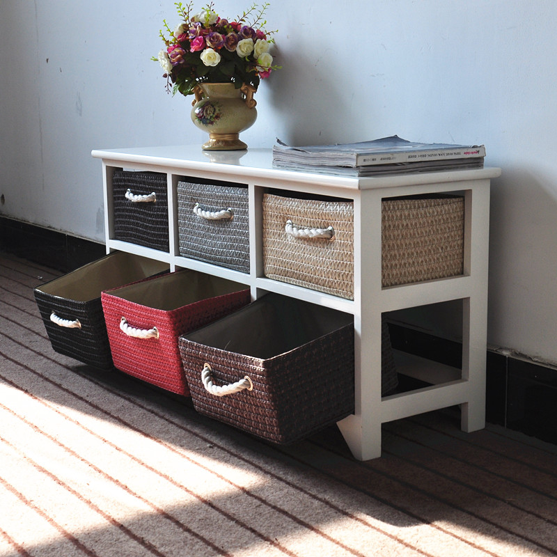 实木藤编抽屉式收纳柜格子卧室多层窄柜白色储物组合韩式简易斗柜