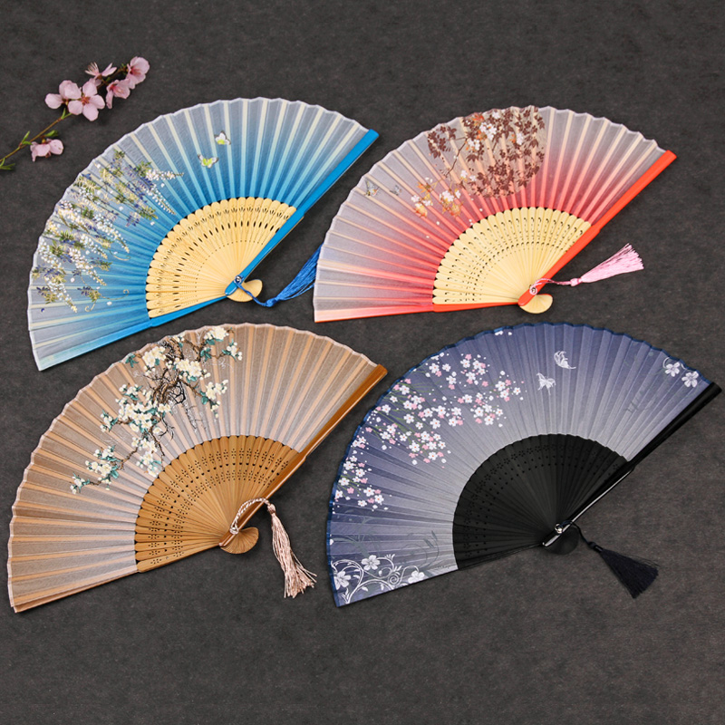 扇子女式折扇中国风折叠扇竹复古风印花绫绢古典跳舞蹈扇