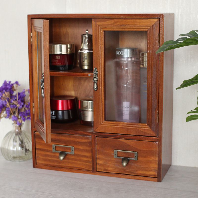 桌上收纳有玻璃门杂物抽屉式整理储物箱家用简约桌面小柜子