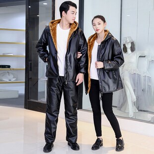 棉衣外套机车摩托车挡风劳保工作服 套装 男士 皮衣加绒加厚皮衣皮裤