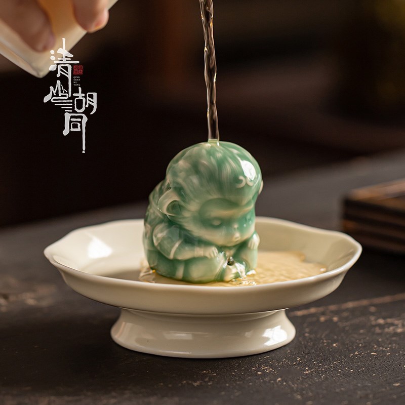 中式大圣摆件小灵猴茶宠功夫茶具盖置茶托家居摆件
