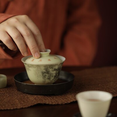 (限)[松隐]墨彩松树盖碗手绘纯手工泡茶碗中式茶具弥云斋