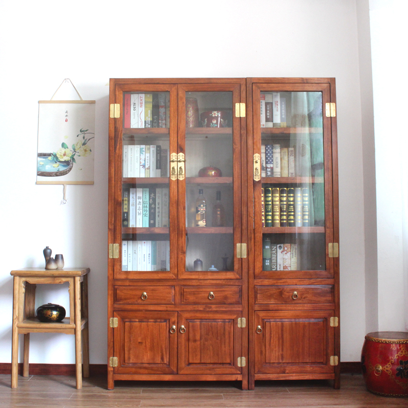 新中式香樟全实木书柜带玻璃门展示单个双门组合书房文件储物橱子