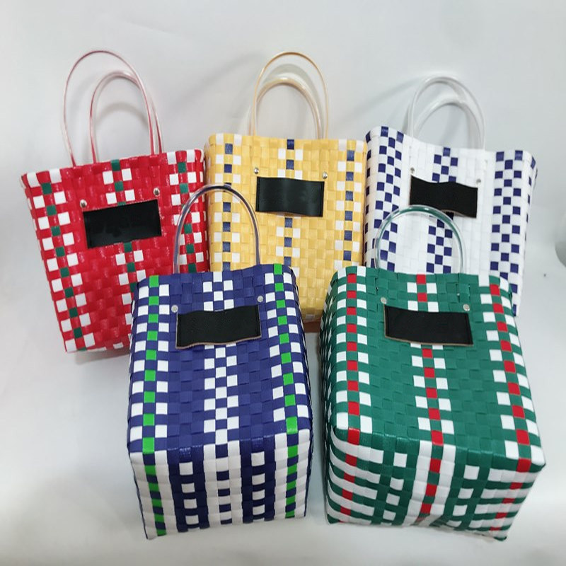 新热卖手工编大容量撞色编织菜篮子购物手提蓝宠物篮