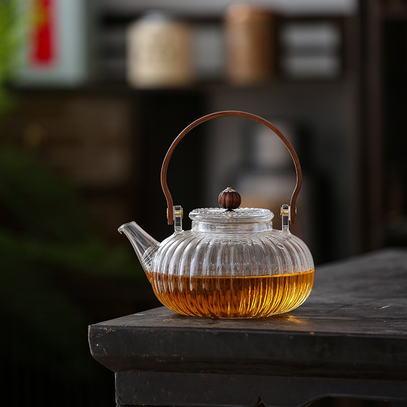 叶屿 南瓜玻璃提梁壶大容量900煮水蒸茶加厚泡茶壶胡桃木把茶壶
