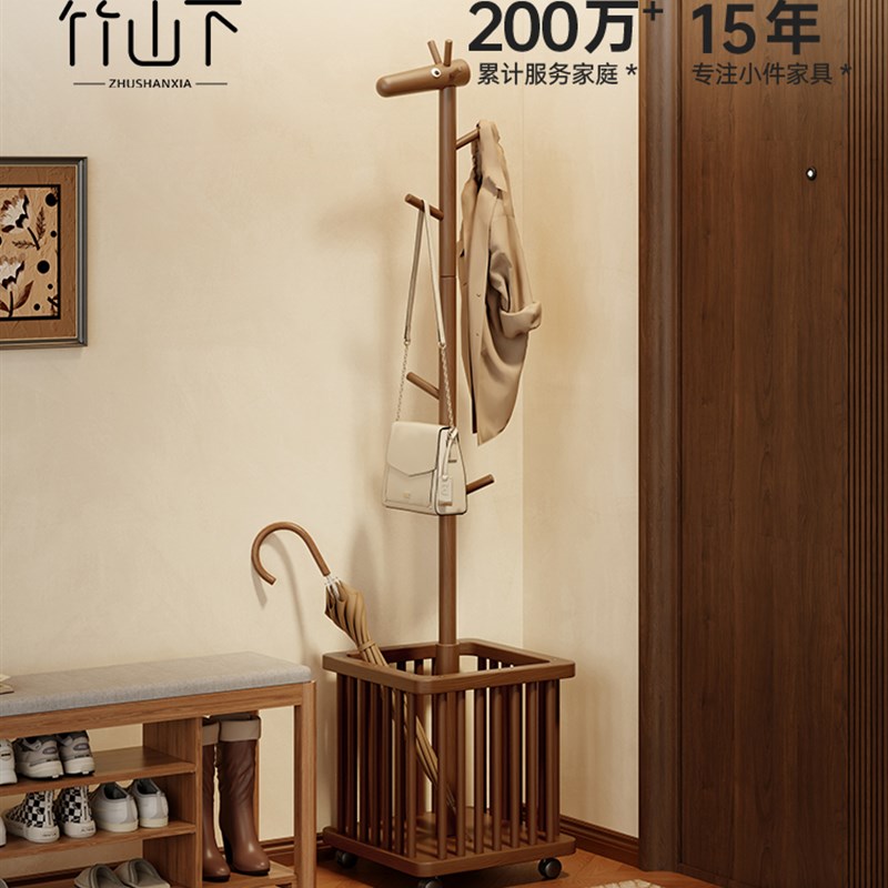 实木挂衣架卧室客厅玄关落地置物篓衣帽架创意小鹿儿童移动置衣架