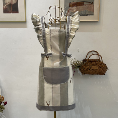 鹿头条纹防污围裙家用打扫卫生女韩版时尚工作厨房花边做饭罩衣