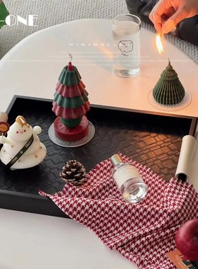 轻奢玄关收纳盘长方形木质黑色皮革茶盘香薰托盘家用客厅摆件