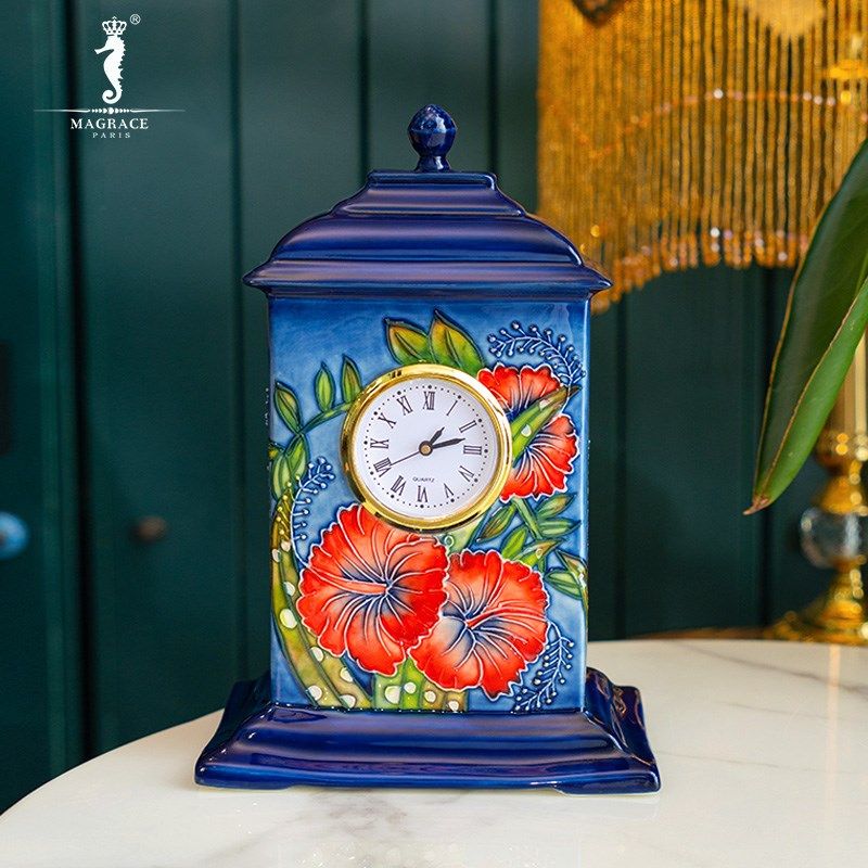 欧式轻奢喇叭花卉复古座钟家居客厅桌面创意装饰钟表,家居饰品,座钟,淘宝优惠券,粉丝福利购,淘宝优惠卷