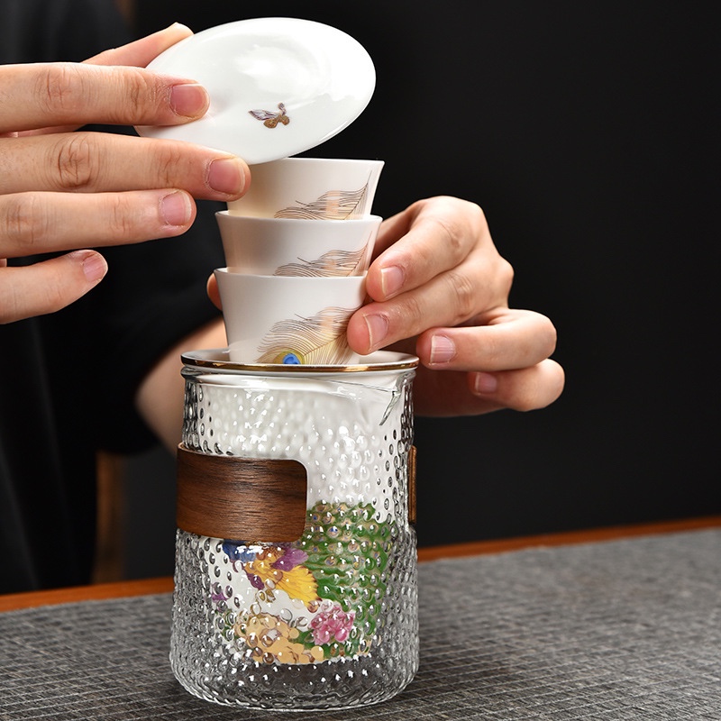 式旅行茶具套装玻璃快客杯一壶三杯户外旅游露营泡茶壶