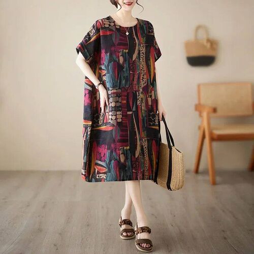 Plus Size Plus Size Cotton and Linen Ethnic Style Dress for