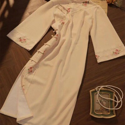 Apricot Cheongsam Qipao Embroidered Long Sleeve 2023 Autumn/