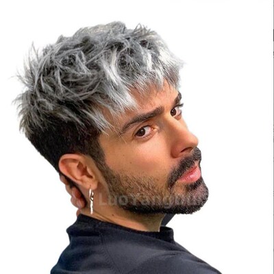 Wig Mens Silver Gray Gradient Color Messy Short Curly Hair