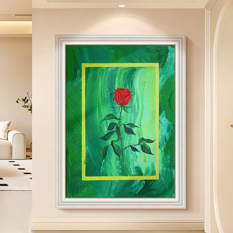 奶油风玫瑰客厅装饰画中古复古绿色肌理手绘油画红色花卉玄关挂画