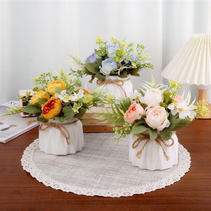 北欧风仿真花塑料盆摆件麻绳花瓶玫瑰花摆件客厅卧室植物装饰套装