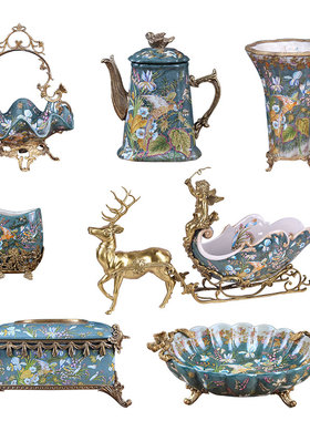 欧式陶瓷配铜花瓶纸巾盒烟灰缸水果盘创意客厅茶几套装装饰品摆件