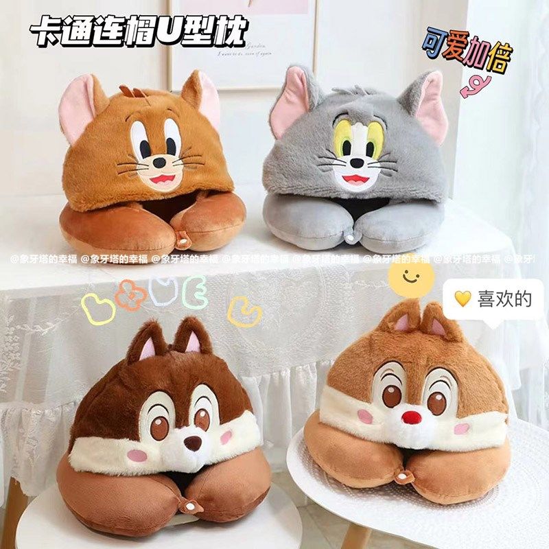 可爱猫咪连帽护颈枕旅行U型枕飞机枕办公午睡枕