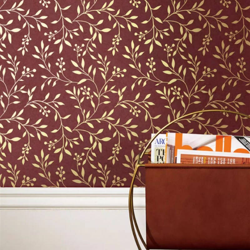 壁纸美式乡村清新小叶子藤花卧室客厅书房整铺墙纸无缝墙布