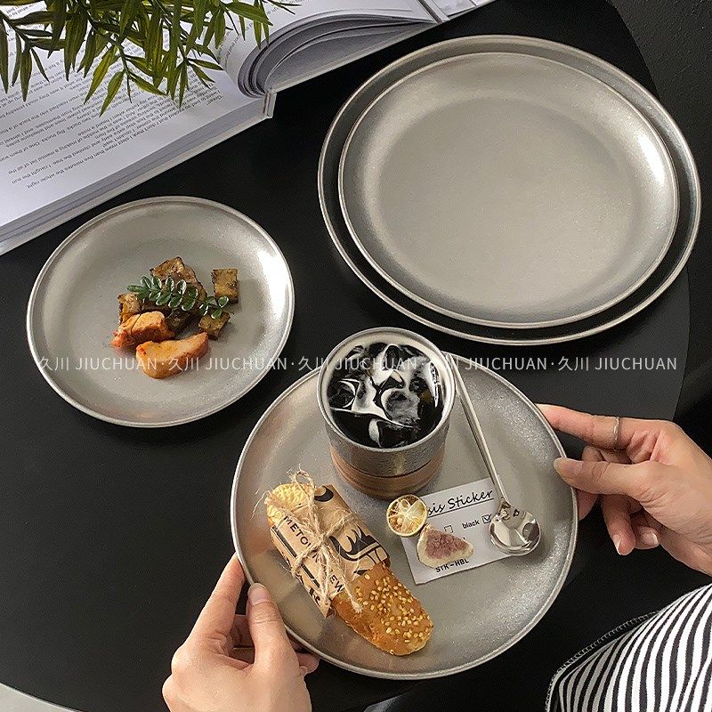 工业风复古甜品简餐盘不锈钢盘平盘咖啡厅托盘蛋糕碟盘子圆盘浅盘,餐饮具,盘,淘宝优惠券,粉丝福利购,淘宝优惠卷