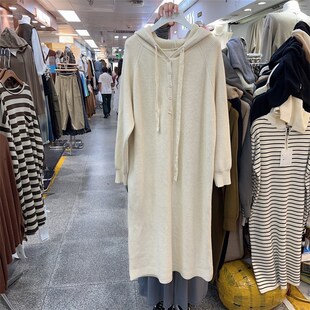 2023春秋新款韩版连帽长袖中长版针织洋装休闲过膝毛衣裙子女潮