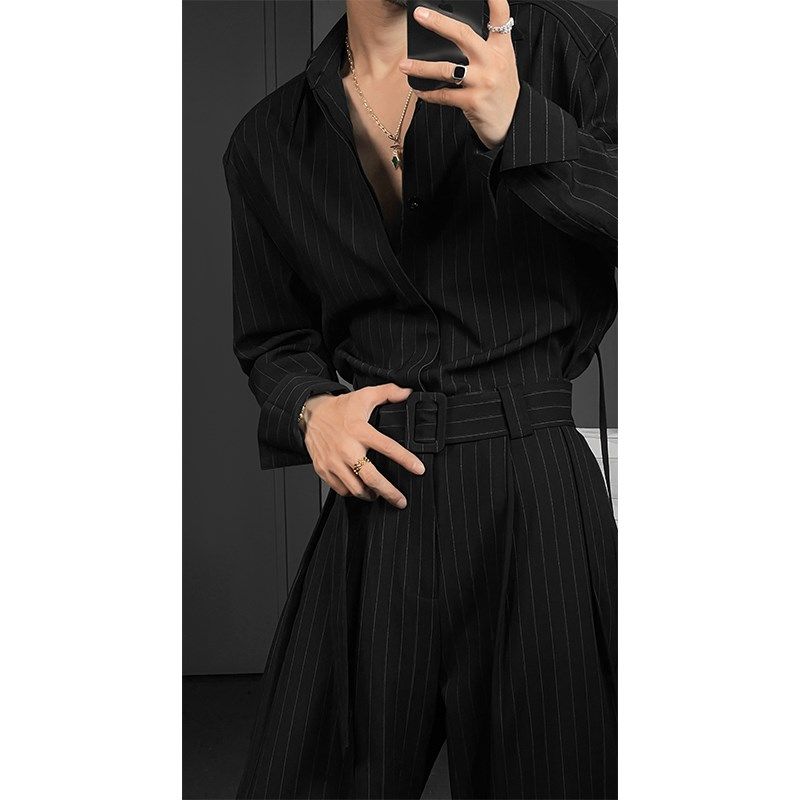 龙叨叨秋季新款潮流复古高级感竖纹衬衫腰带宽松直筒长裤时尚套装,男装,时尚套装,淘宝优惠券,粉丝福利购,淘宝优惠卷