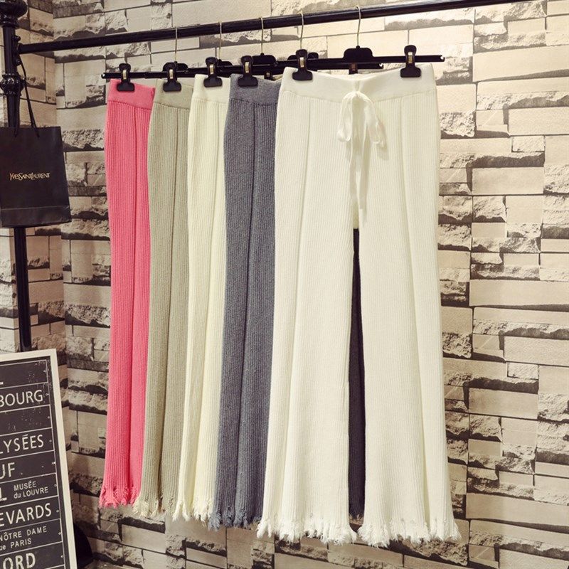 秋冬垂感流苏微喇叭针织阔腿裤女高腰加厚显瘦白色休闲拖地长裤子,女装/女士精品,休闲裤,淘宝优惠券,粉丝福利购,淘宝优惠卷