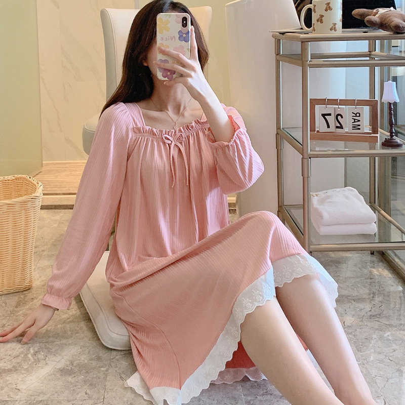 春秋季薄款长袖睡裙女纯棉公主风中长款连体睡衣女休闲宽松居家服,女士内衣/男士内衣/家居服,睡裙,淘宝优惠券,粉丝福利购,淘宝优惠卷