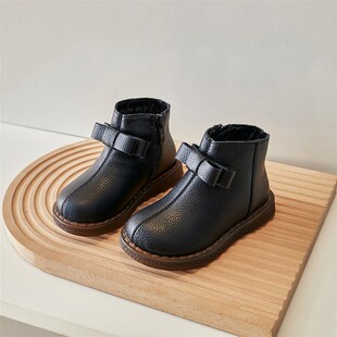 女童加绒短靴头层牛皮2023新款真皮秋冬洋派儿童鞋子公主黑色皮鞋