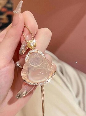 网红精美天然高冰玉髓佛公黄钻招财佛公玉髓吊坠项链