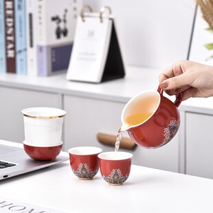 创意萌猫旅行茶具套装 收纳包 陶瓷一壶二杯户外出差泡茶小套便携式