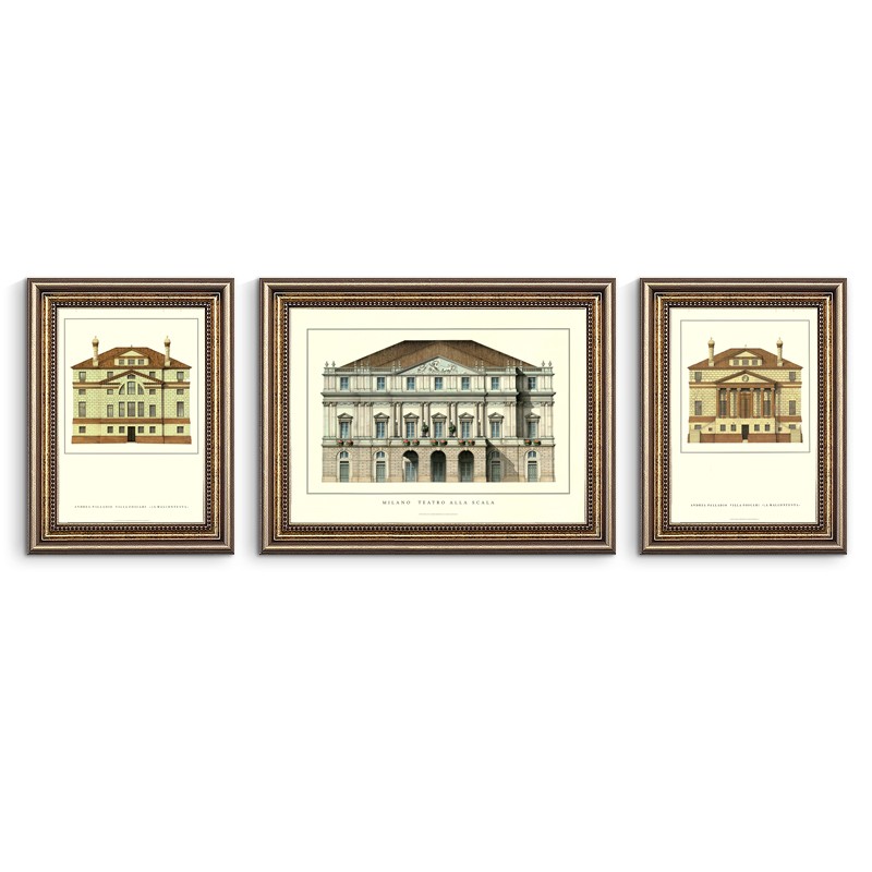 美式客厅装饰画沙发背景墙城堡建筑画三联画乡村复古壁画抽象墙画图片