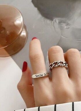笑脸花边纯银戒指小众潮简约个性开口食指戒送女友生日情人节礼物