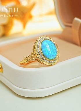 新款925银蓝欧泊澳宝椭圆复古时尚戒指镶嵌高碳钻气质百搭轻奢女