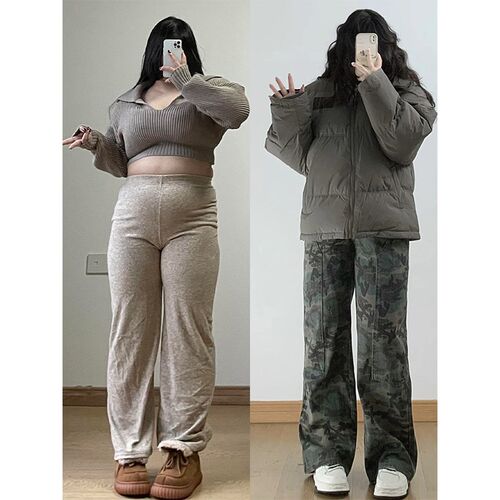 胖mm复古牛仔裤女300斤大码女装美式迷彩工装裤高腰显瘦阔腿裤子
