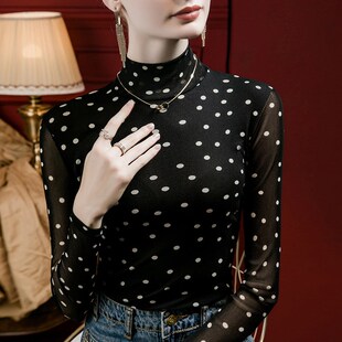半高领沙体网纱t恤女秋款长袖妈妈波点打底衫女薄纱黑底白点上衣