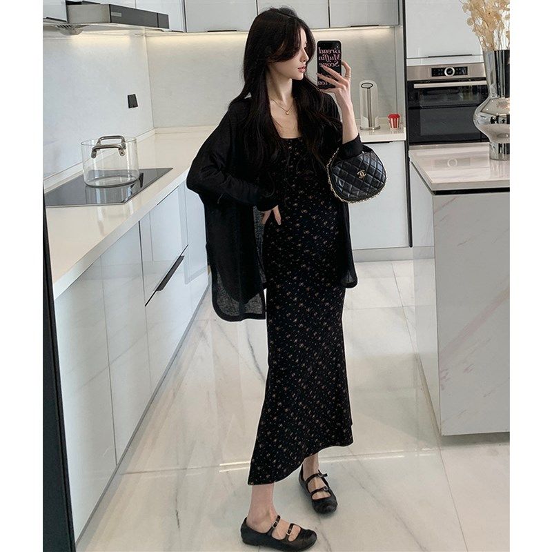 孕妇连衣裙春装法式收腰显瘦黑色碎花吊带长裙子开衫外套两件套装,孕妇装/孕产妇用品/营养,套装,淘宝优惠券,粉丝福利购,淘宝优惠卷