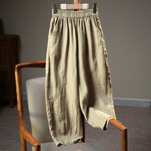 亚麻阔腿裤女士夏季薄款妈妈棉麻裤子2025新款高端苎麻九分哈伦裤