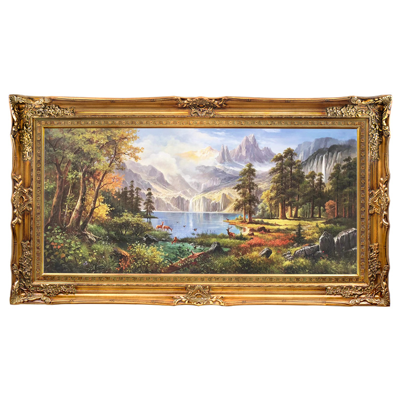 欧式客厅山水油画手绘风景装饰画横幅大气招财麋鹿聚宝盆三联挂画图片
