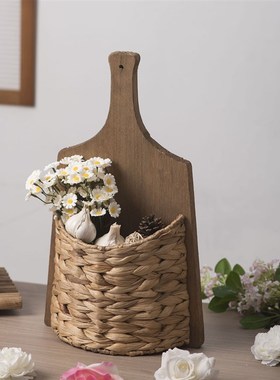 田园风胡芦草编织壁挂式收纳篮创意手工花盆装饰插画花篮壁饰花篮