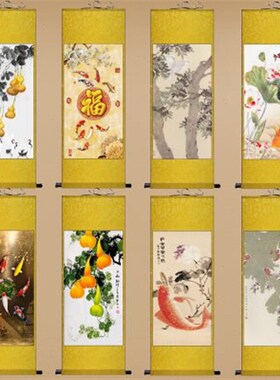 五福临门入户玄关装饰画葫芦九鱼图大气客厅走廊挂画竖版过道壁画